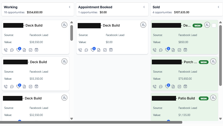 Capital Construction CRM pipeline with customer names blacked out
