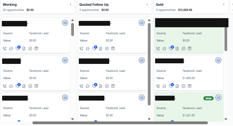 Foundation Life Group CRM pipeline with customer names blacked out
