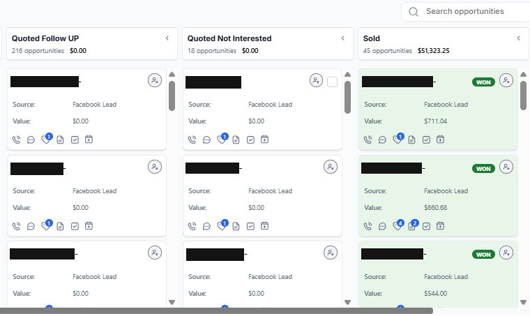 National Relo Movers CRM pipeline with customer names blacked out