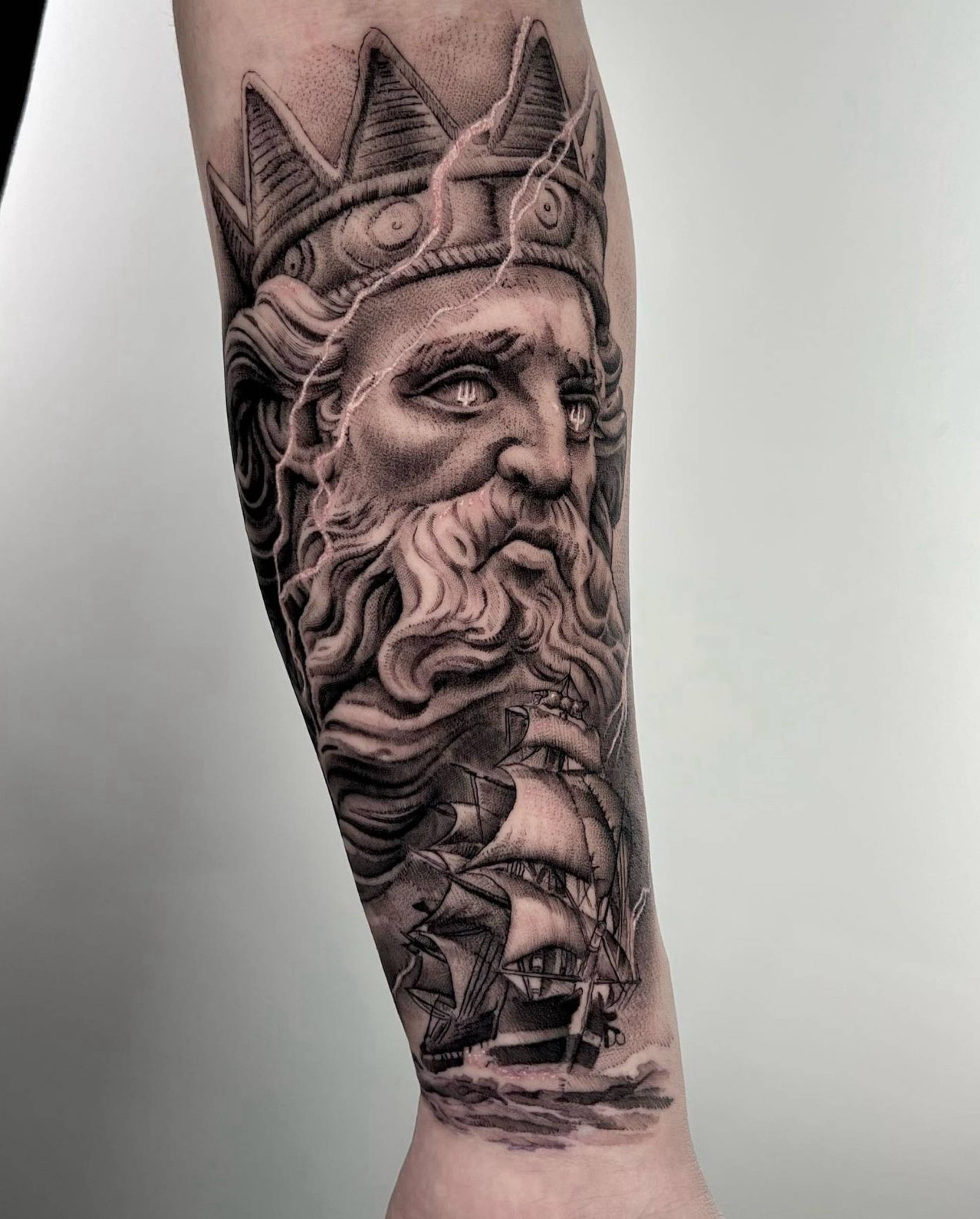 Poseidon and the Sea tattoo by Jon Nelson