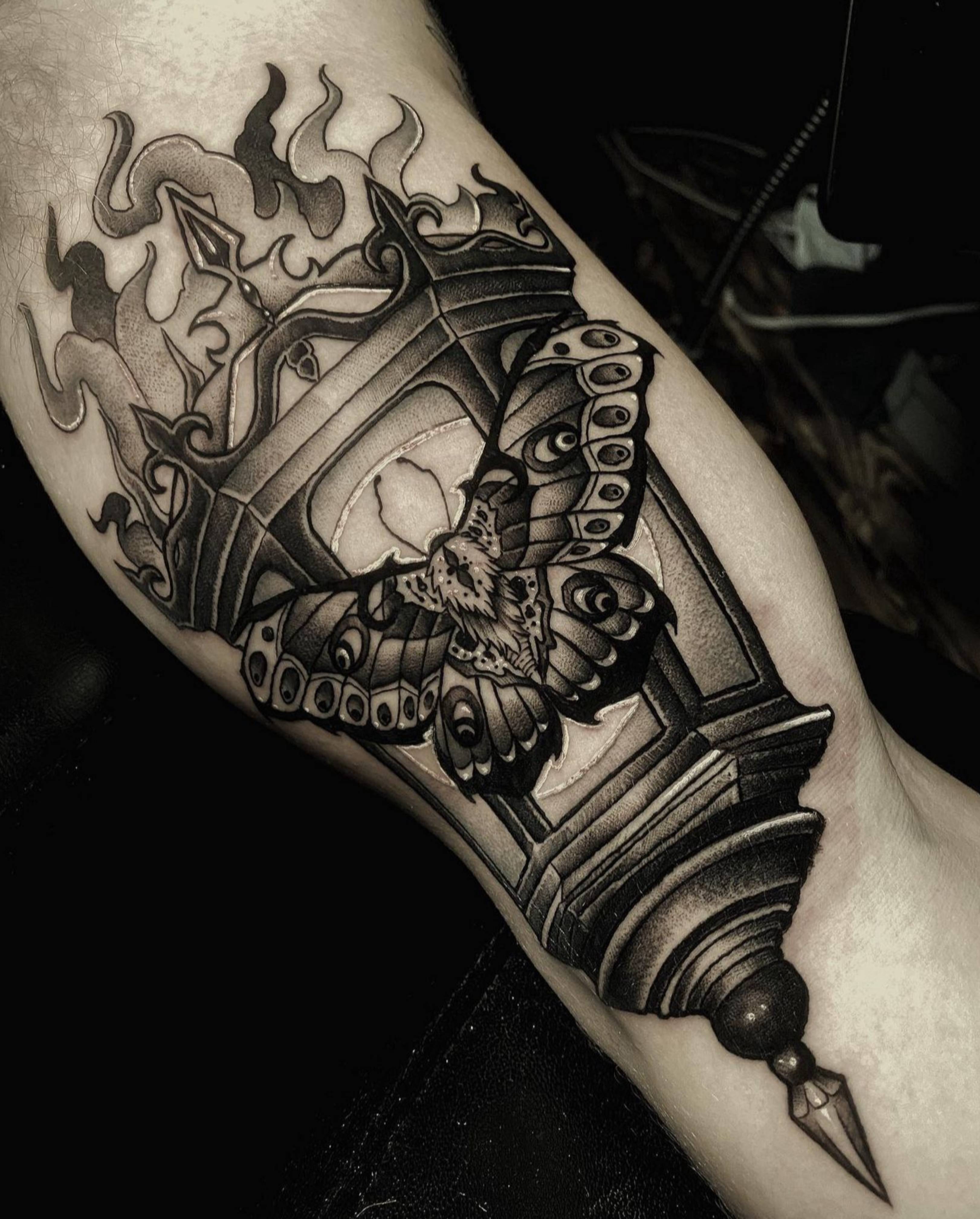 Lantern with Moth tattoo by Jon Nelson