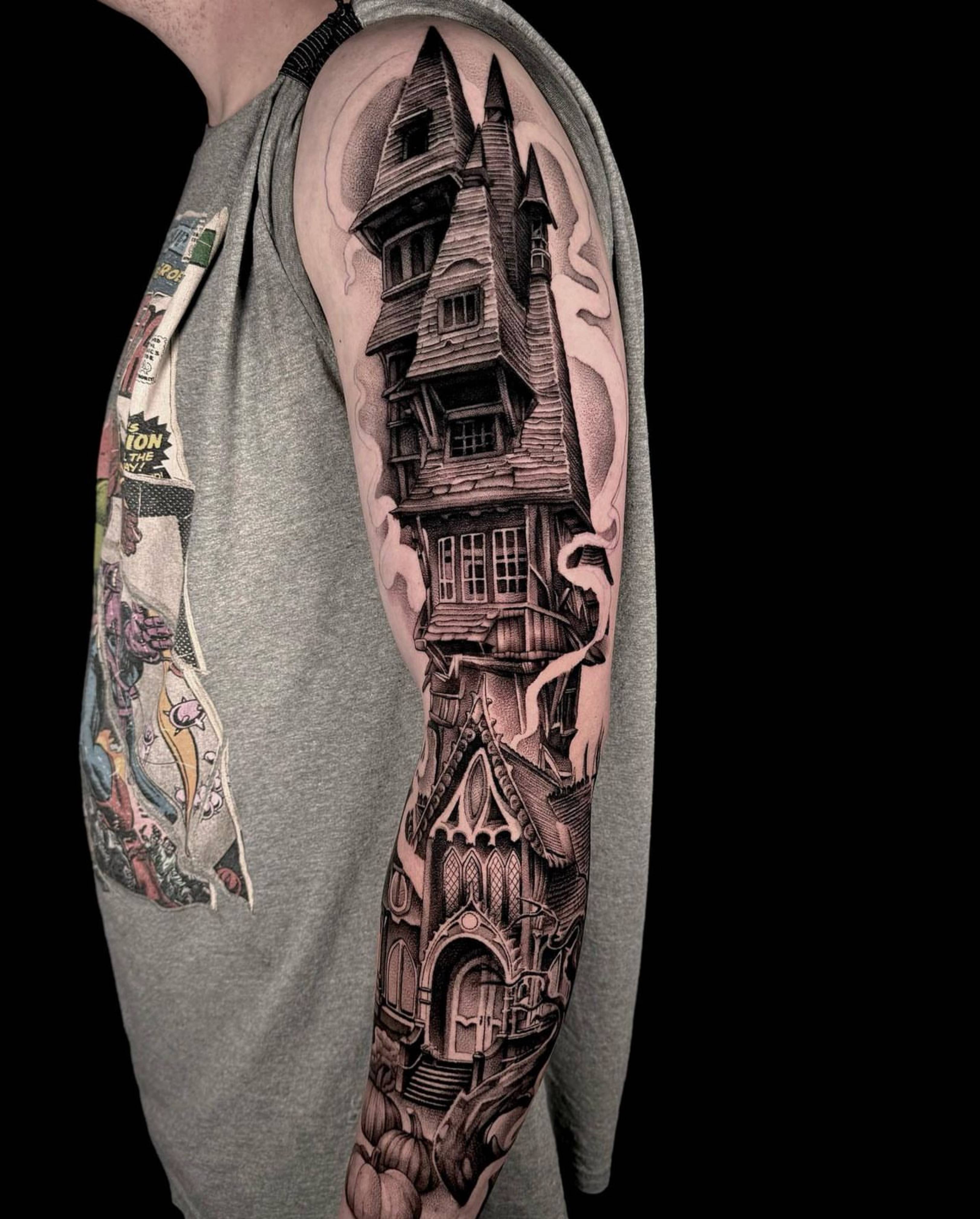 Halloween Haunted House tattoo by Jon Nelson