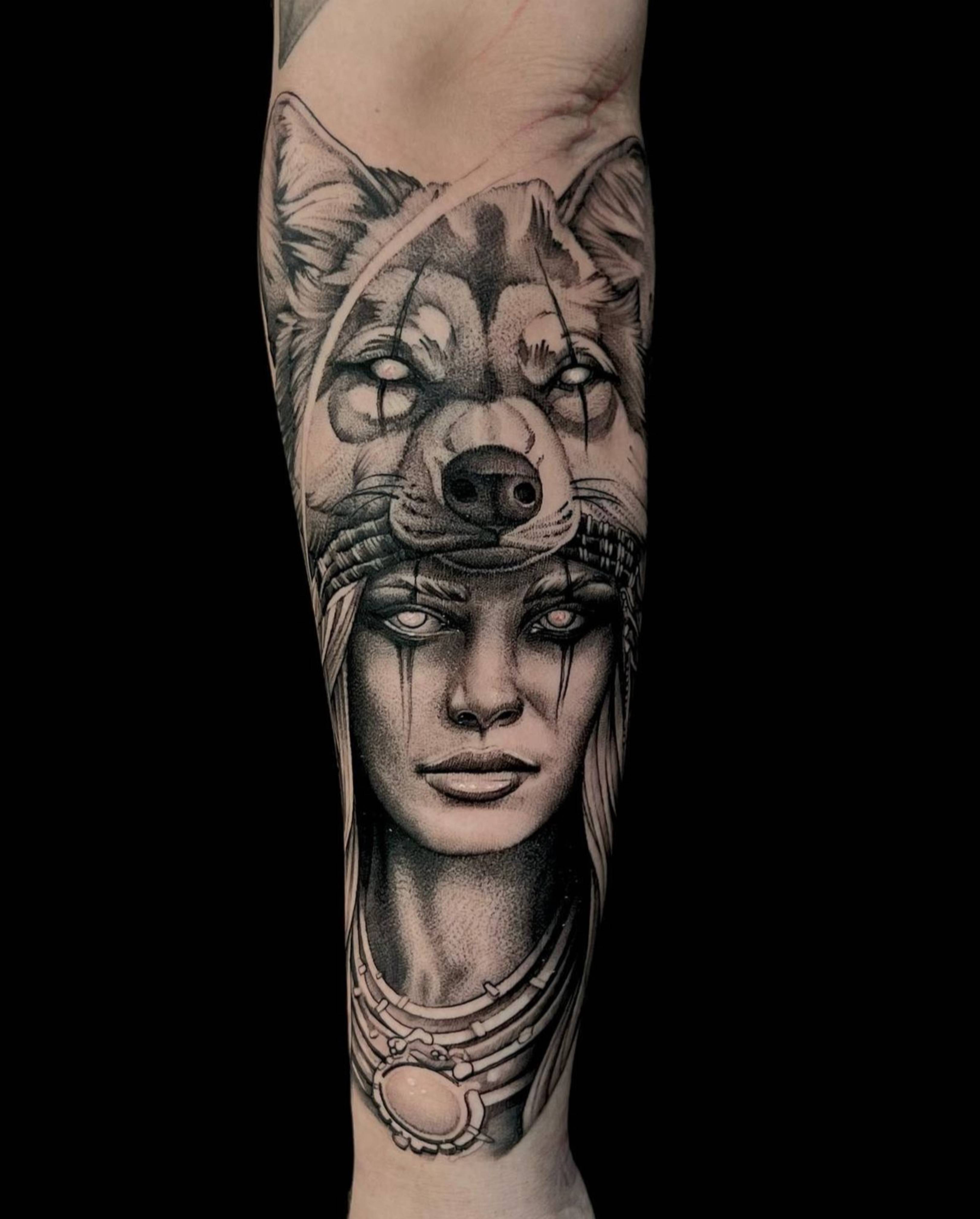 Dark Native with Headdress tattoo by Jon Nelson