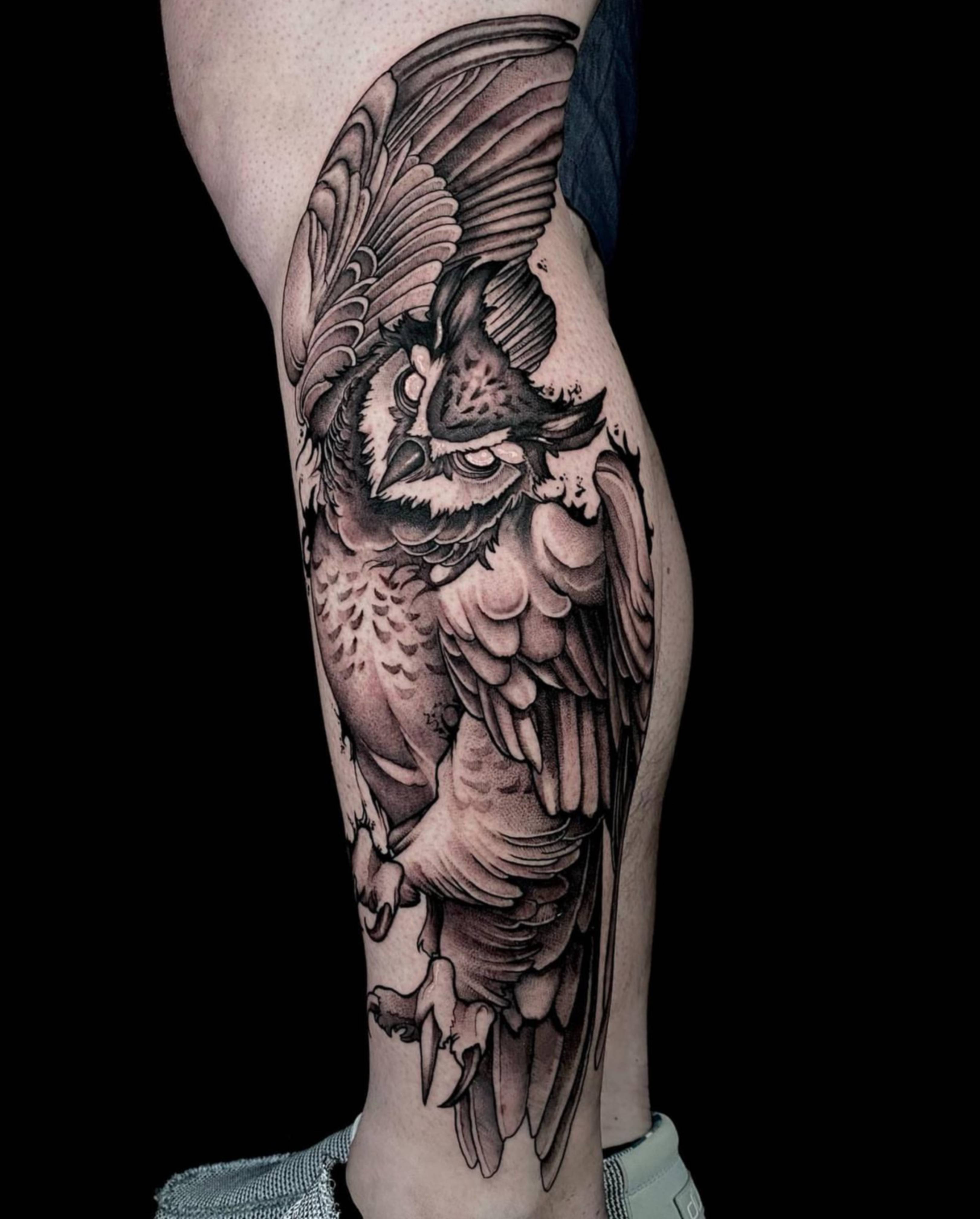 Dark Arts Owl tattoo by Jon Nelson