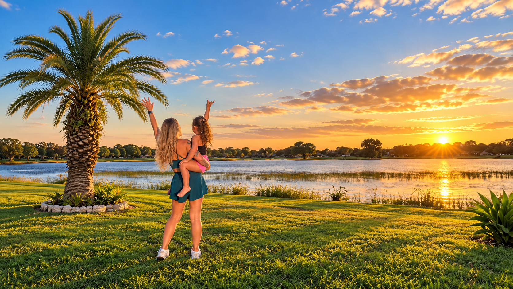 Teghan Baker outside by a lake at sunset, holding her young daughter up on her shoulder as they both wave at the sky
